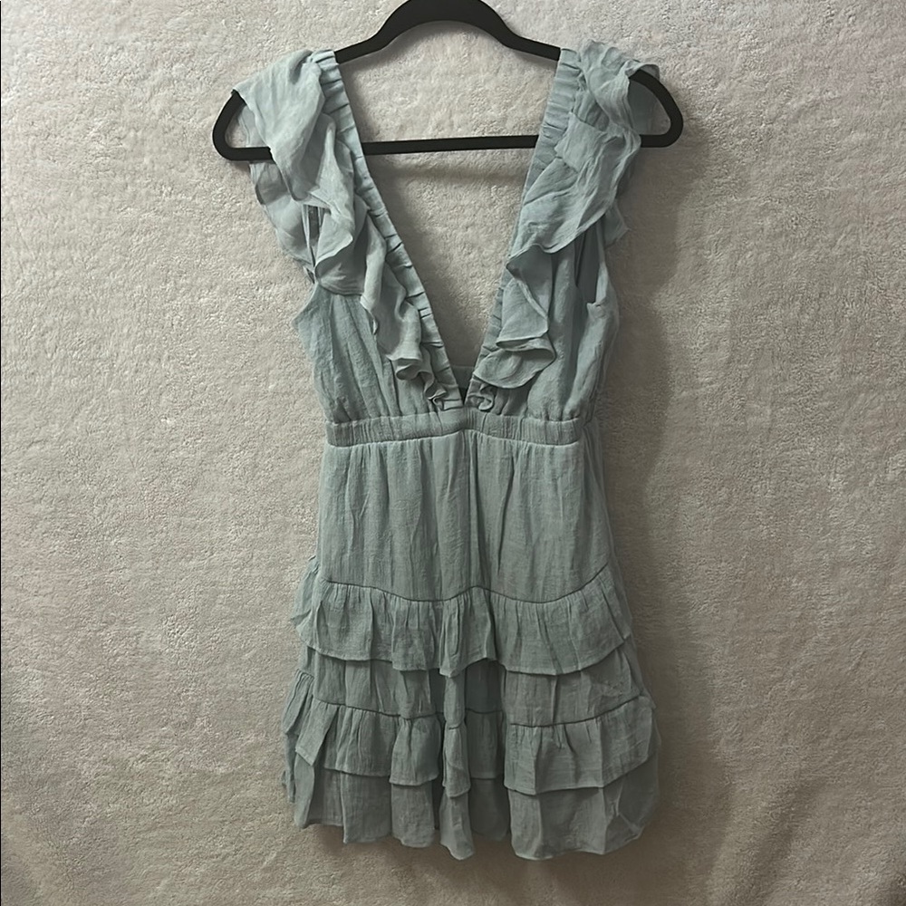 Grayish Blueish Ruffled Plunge Cocktail Dress - Super Sexy